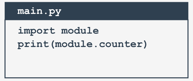 main.py con dos líneas de código, la primera: import module, la segunda: print(module.counter)