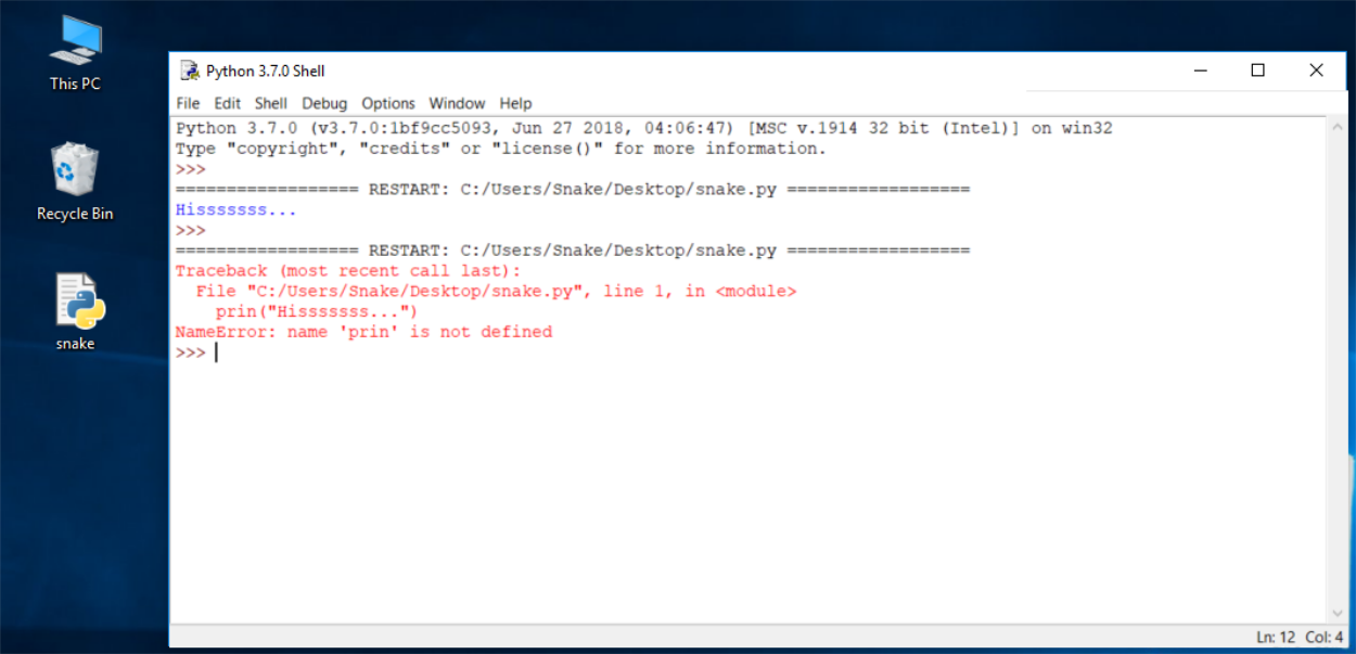 Python 3.8.5 IDLE - Console error message after running a program with removed letter t from the print() function