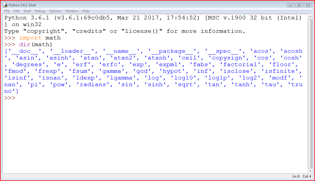 Python console window - the math module contents