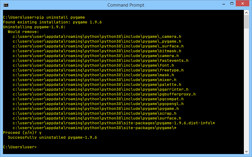 Command prompt - pip uninstall pygame